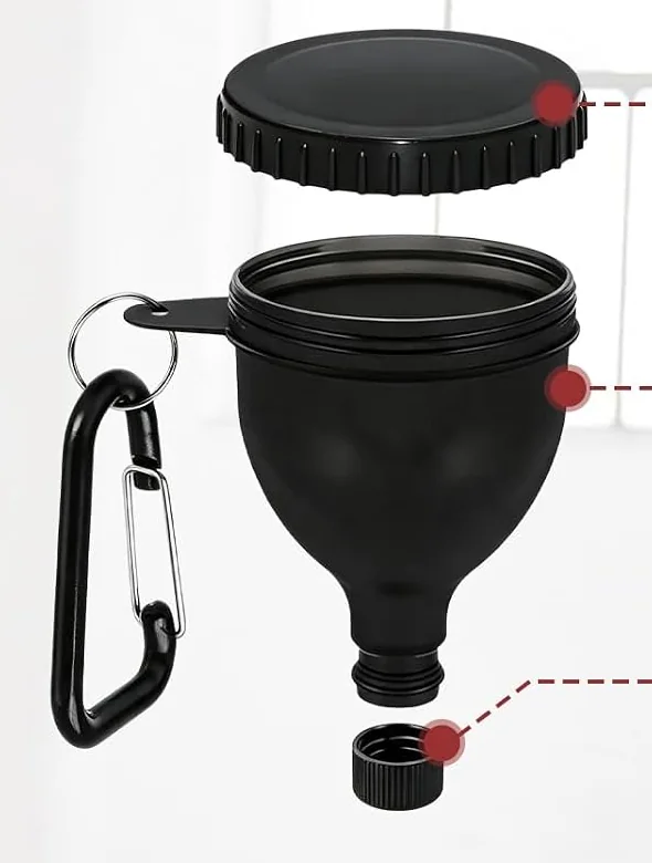 Black powder container with top and bottom caps and a carrying ring